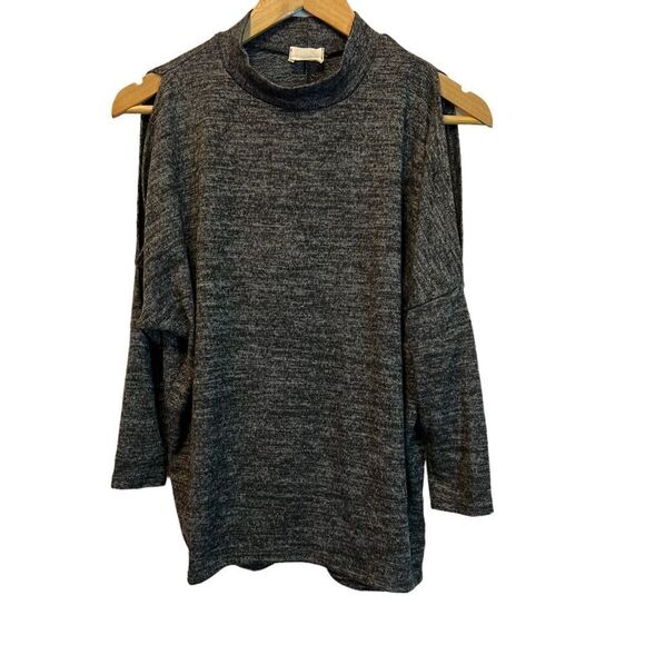 CAUTION TO THE WIND Dark Heather Grey Cold Shoulder Soft High Neck Top S - Picture 1 of 8